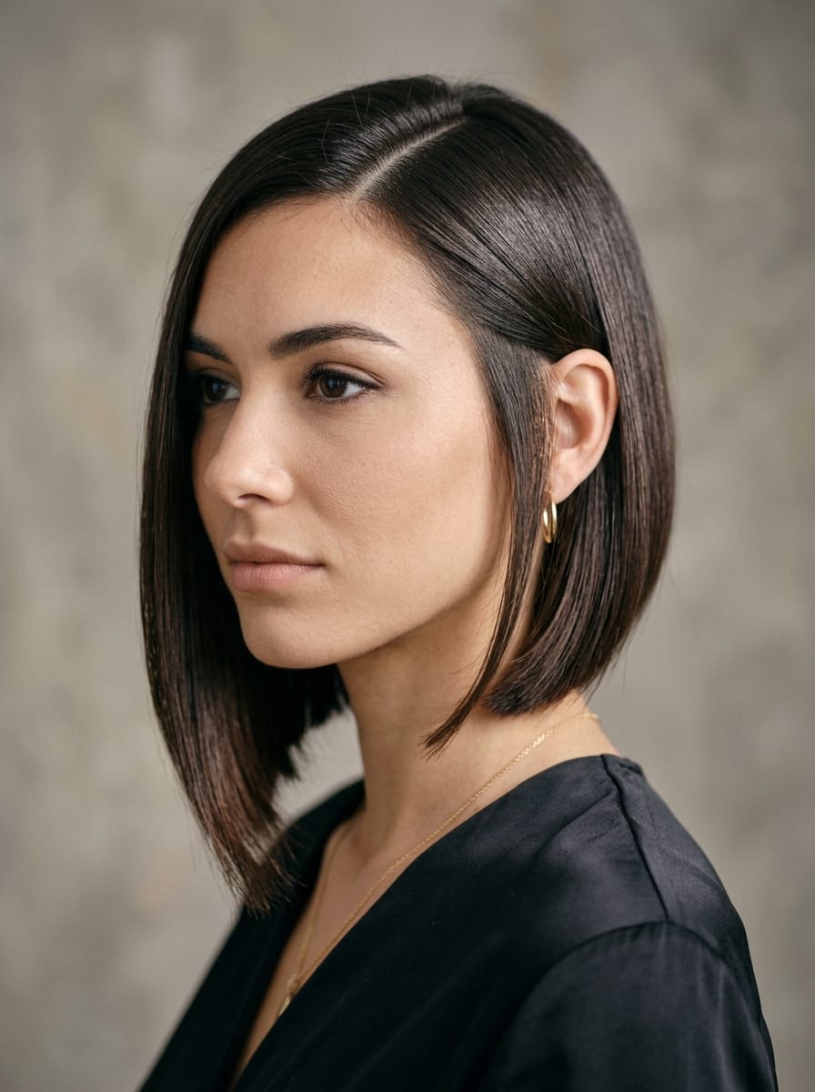 Eleganter asymmetrischer Bob mit glattem Sleek-Styling - Asymmetrischer Bob